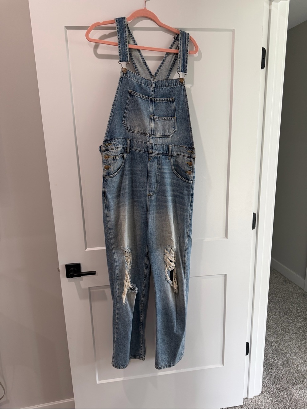We The Free Distressed Light Blue Denim Overalls